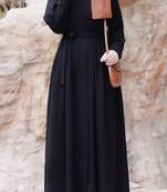 Black Pleated Abaya with Belt and Single Button Detail with Shirt Sleeves