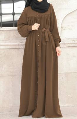 Brown Color Elegant Front-Open Abaya with Gathered Detailing, Matching Button, and Batwing Sleeves and Belt 1