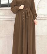 Brown Color Elegant Front-Open Abaya with Gathered Detailing, Matching Button, and Batwing Sleeves and Belt