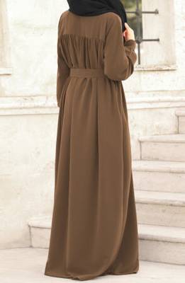 Brown Color Elegant Front-Open Abaya with Gathered Detailing, Matching Button, and Batwing Sleeves and Belt 2