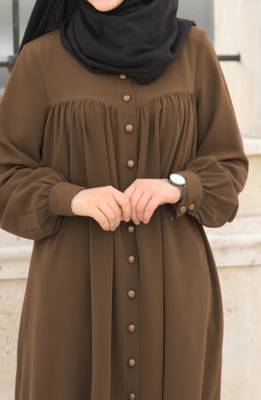 Brown Color Elegant Front-Open Abaya with Gathered Detailing, Matching Button, and Batwing Sleeves and Belt 3