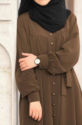 Brown Color Elegant Front-Open Abaya with Gathered Detailing, Matching Button, and Batwing Sleeves and Belt 4
