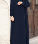 Navy Blue Elegant Front-Open Abaya with Gathered Detailing, Matching Button, and Batwing Sleeves and Belt
