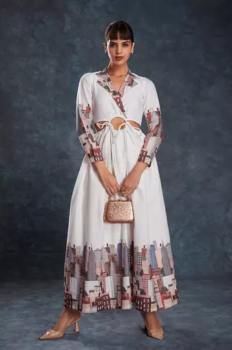 White cityscape printed maxi dress