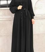 Black Elegant Front-Open Abaya with Gathered Detailing, Matching Button, and Batwing Sleeves and Belt