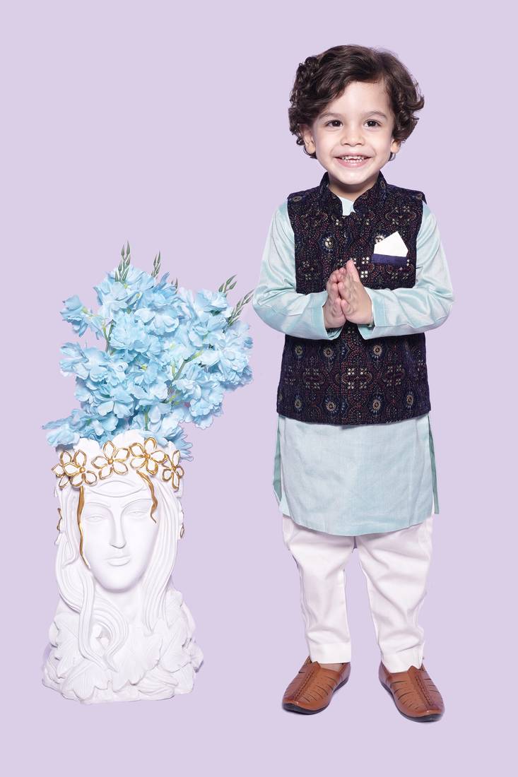 Aqua Kurta Off White Chudidar Blue Nehru Jacket