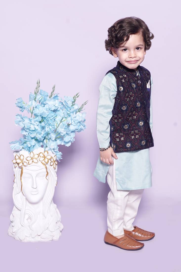 Aqua Kurta Off White Chudidar Blue Nehru Jacket