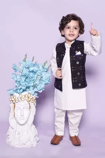  Off White Chudidar  Kurta Blue Nehru Jacket