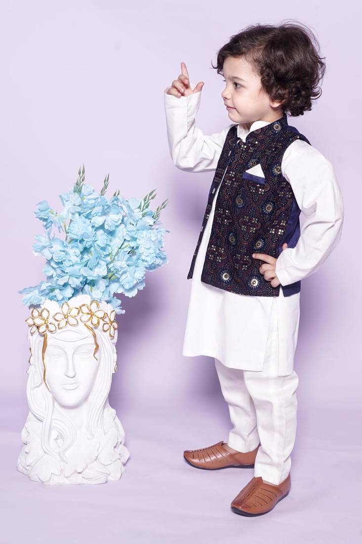  Off White Chudidar  Kurta Blue Nehru Jacket