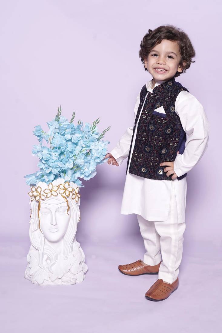  Off White Chudidar  Kurta Blue Nehru Jacket