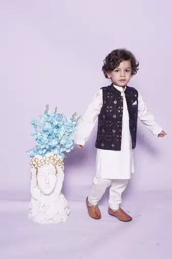  Off White Chudidar  Kurta Blue Nehru Jacket