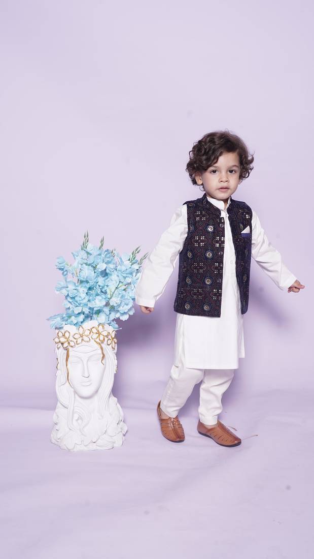  Off White Chudidar  Kurta Blue Nehru Jacket