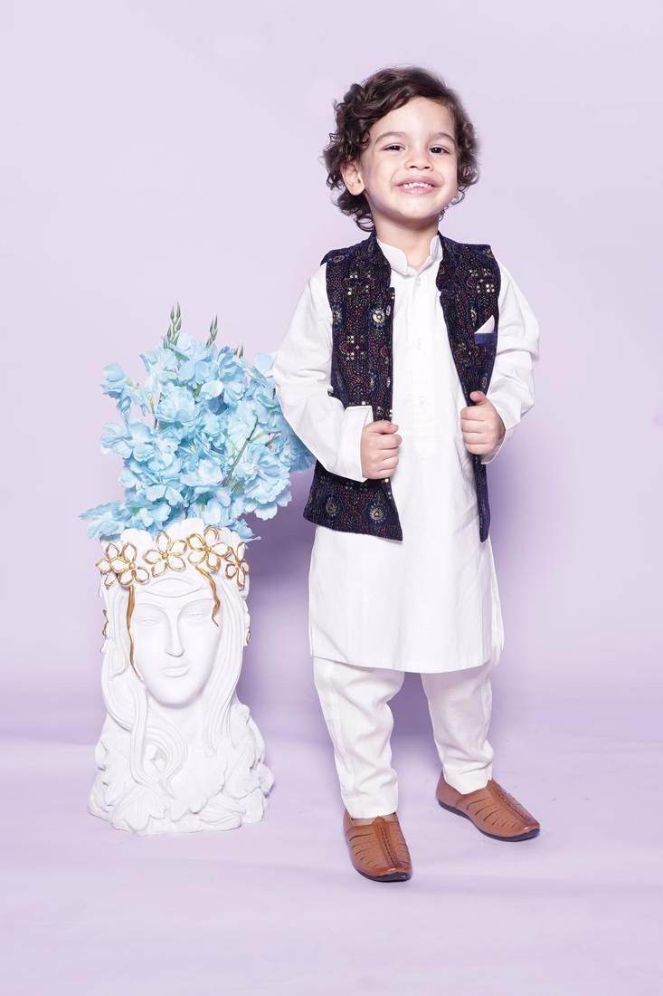  Off White Chudidar  Kurta Blue Nehru Jacket