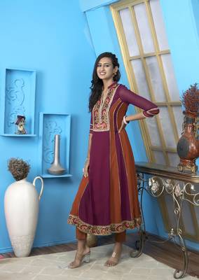 Nikhaar magenta embroidered georgette anarkali kurta & pants set 4