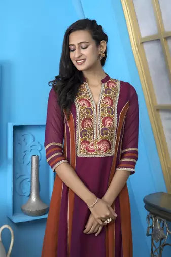 Nikhaar magenta embroidered georgette anarkali kurta & pants set
