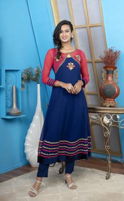 Nikhaar blue embroidered georgette anarkali kurta & pants  set 1