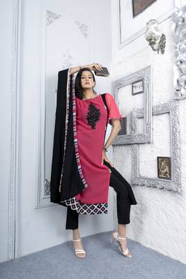 Nikhaar pink embroidered georgette asymmetrical kurta & pants  set 3