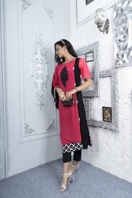 Nikhaar pink embroidered georgette asymmetrical kurta & pants  set 4