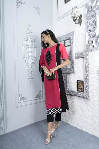Nikhaar pink embroidered georgette asymmetrical kurta & pants  set