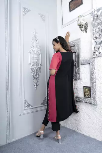 Nikhaar pink embroidered georgette asymmetrical kurta & pants  set