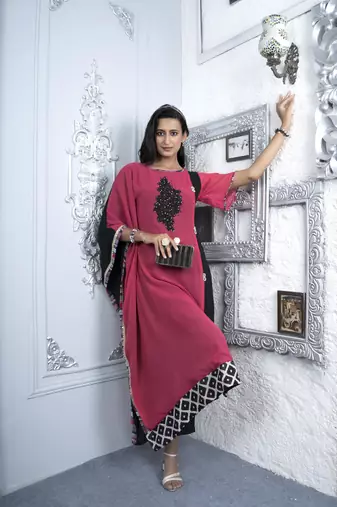 Nikhaar pink embroidered georgette asymmetrical kurta & pants  set