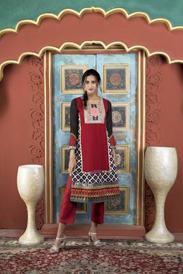 Nikhaar maroon embroidered georgette straight cut kurta & pants  set 1
