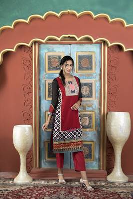 Nikhaar maroon embroidered georgette straight cut kurta & pants  set 3
