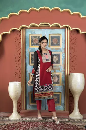 Nikhaar maroon embroidered georgette straight cut kurta & pants  set