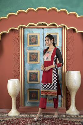 Nikhaar maroon embroidered georgette straight cut kurta & pants  set 4