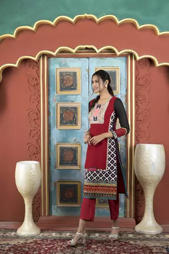 Nikhaar maroon embroidered georgette straight cut kurta & pants  set