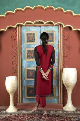 Nikhaar maroon embroidered georgette straight cut kurta & pants  set 5