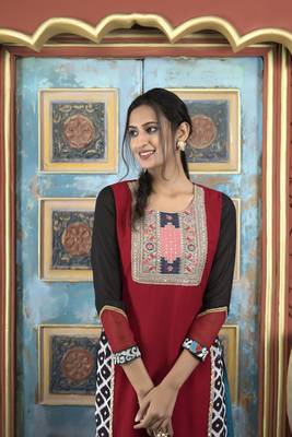 Nikhaar maroon embroidered georgette straight cut kurta & pants  set 6