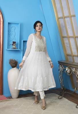 Nikhaar off-white embroidered georgette anarkali kurta & pants set 1