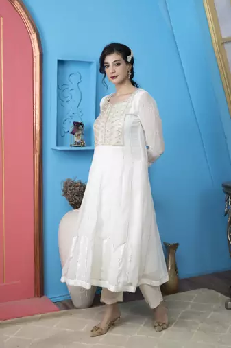 Nikhaar off-white embroidered georgette anarkali kurta & pants set