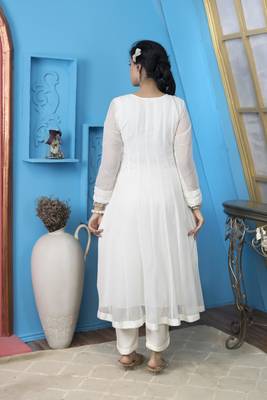Nikhaar off-white embroidered georgette anarkali kurta & pants set 5
