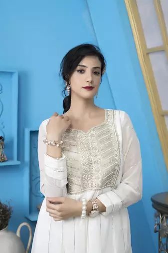 Nikhaar off-white embroidered georgette anarkali kurta & pants set
