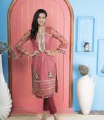 Nikhaar pink embroidered net straight cut kurta & pants  set
