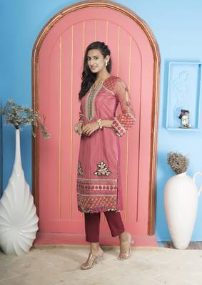 Nikhaar pink embroidered net straight cut kurta & pants  set 3