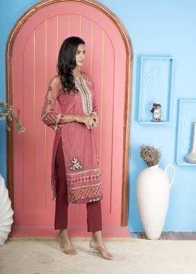 Nikhaar pink embroidered net straight cut kurta & pants  set 4