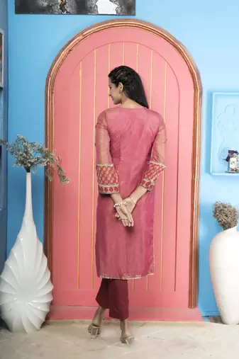 Nikhaar pink embroidered net straight cut kurta & pants  set