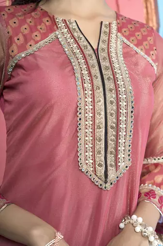 Nikhaar pink embroidered net straight cut kurta & pants  set
