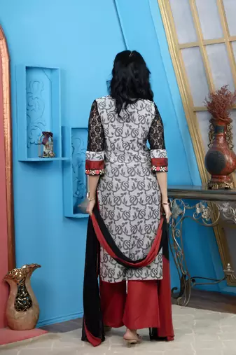 Nikhaar maroon embroidered chanderi straight cut kurta & palazzo  set