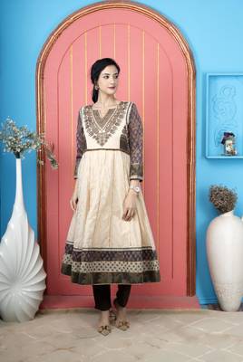 Nikhaar beige embroidered silk anarkali kurta & pants  set 1