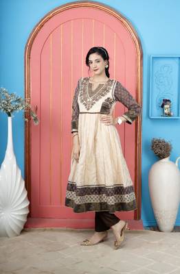 Nikhaar beige embroidered silk anarkali kurta & pants  set 3