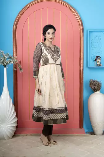 Nikhaar beige embroidered silk anarkali kurta & pants  set