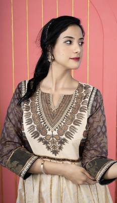 Nikhaar beige embroidered silk anarkali kurta & pants  set 6
