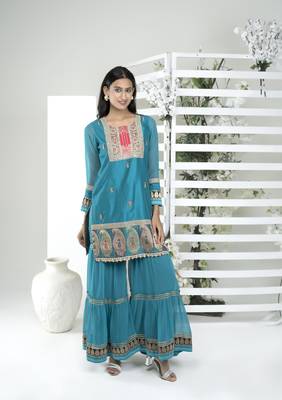 Nikhaar blue embroidered art silk straight cut kurta & sharara set 1