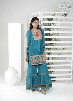 Nikhaar blue embroidered art silk straight cut kurta & sharara set 4