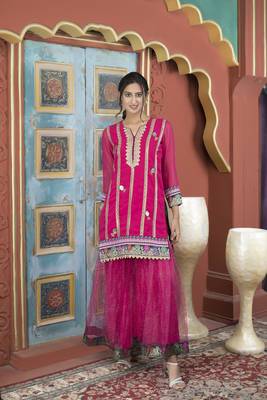 Nikhaar pink embroidered georgette straight cut kurta & sharara set 1