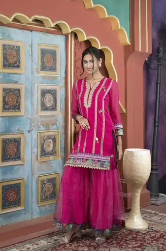 Nikhaar pink embroidered georgette straight cut kurta & sharara set